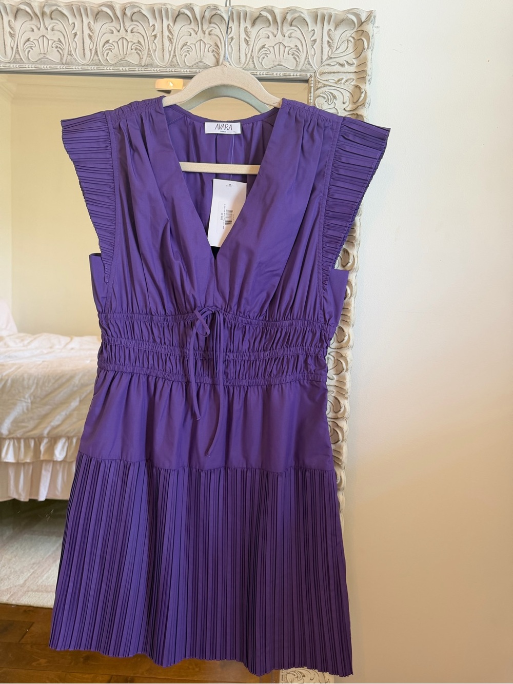 Brand New Avara Purple Pleated Mini Dress with Smocked Waist